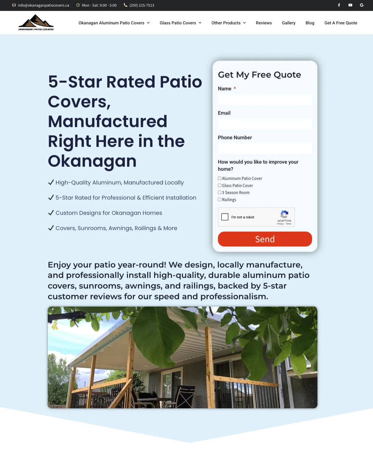 Okanagan Patio Covers website homepage with lead capture form