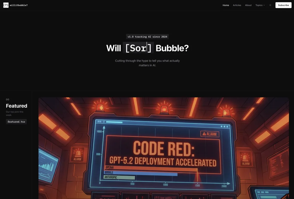 Will It Bubble tech blog homepage design with modern typography